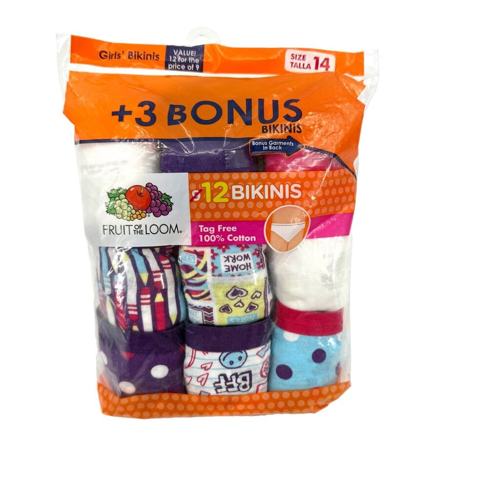 Fruit of the Loom Girls Bikini Underwear Size 14 12 Pack Cotton NIP